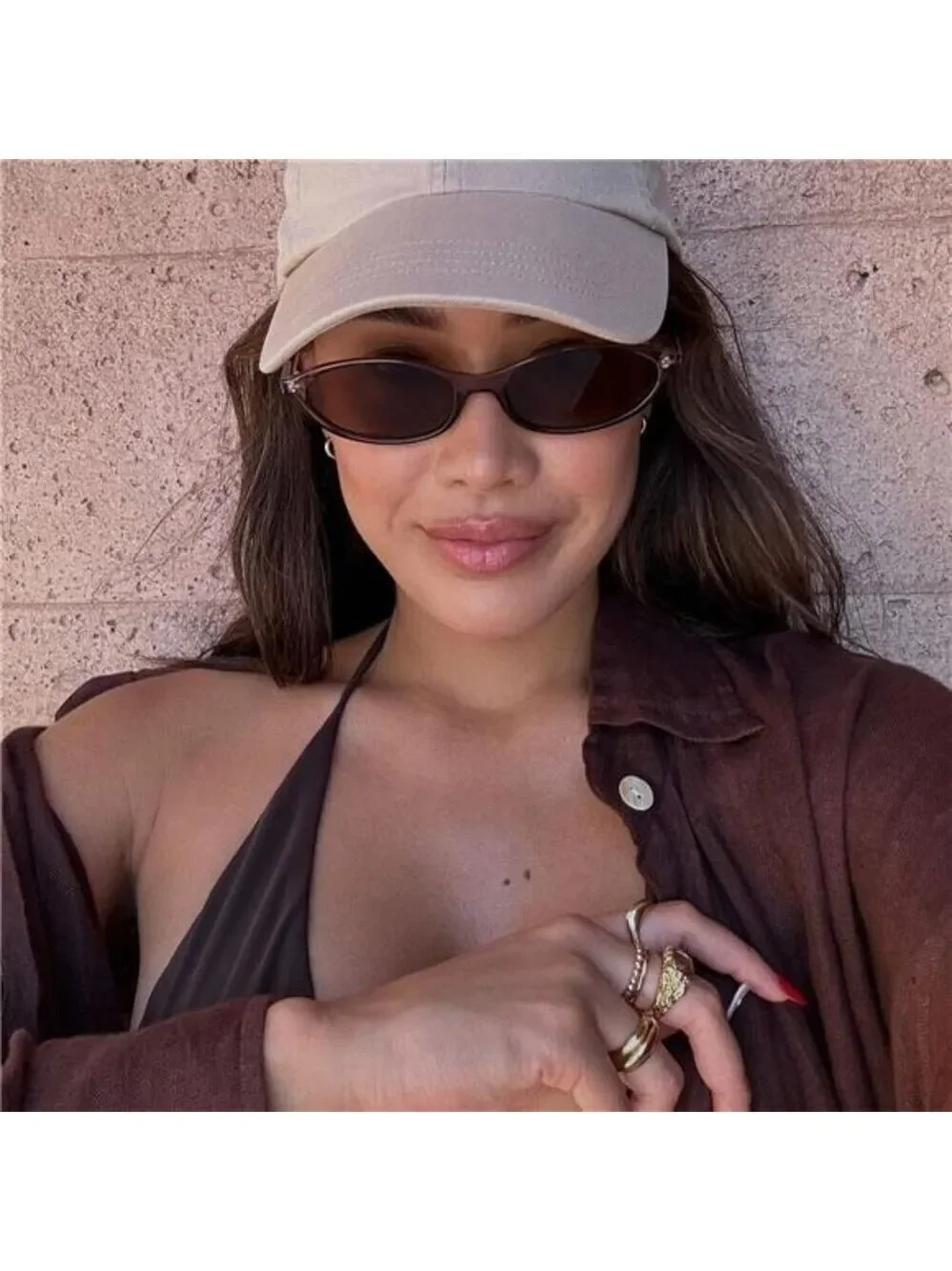 Retro Oval Cat Eye Sunglasses Women 90s Y2K Small Slim UV Protection Shades